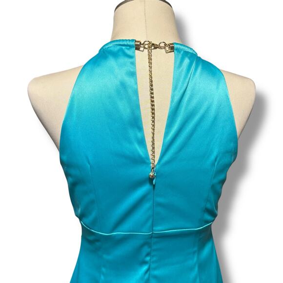 Eliza J Halter Satin Sheath Mini Dress Mermaid Blue 6 - Picture 6 of 9